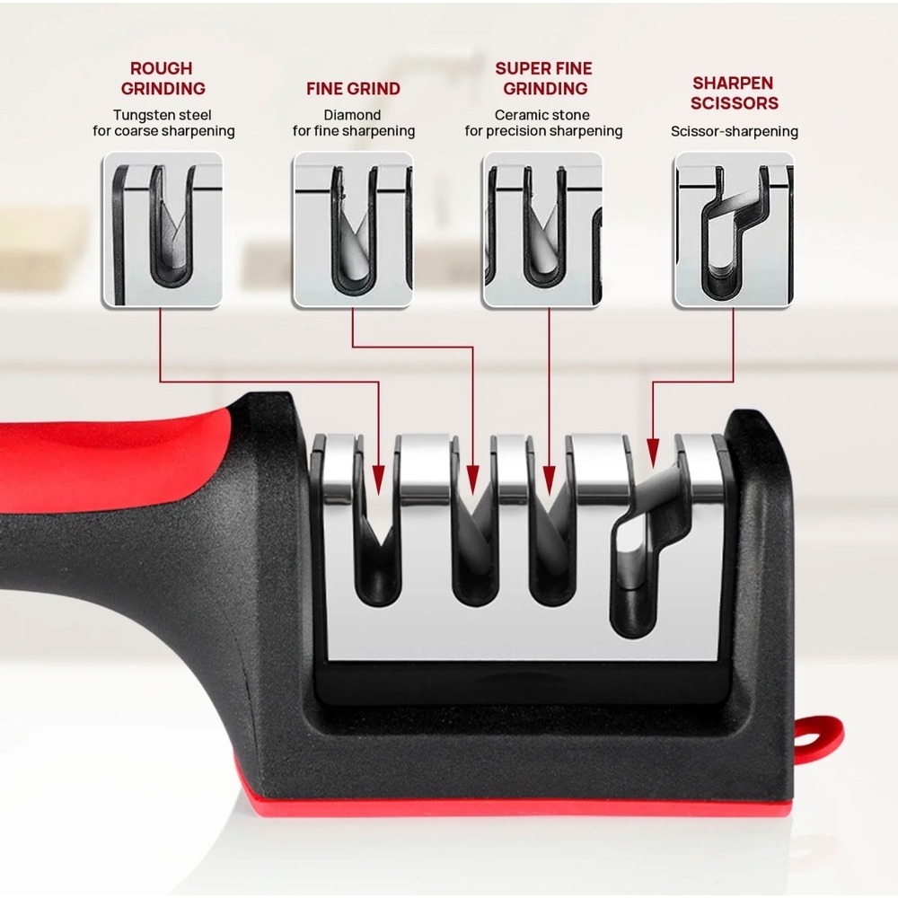 4-in-1 Kitchen‎ Knife and Scissor Sharpener Diamond Ceramic Tungsten Red Black